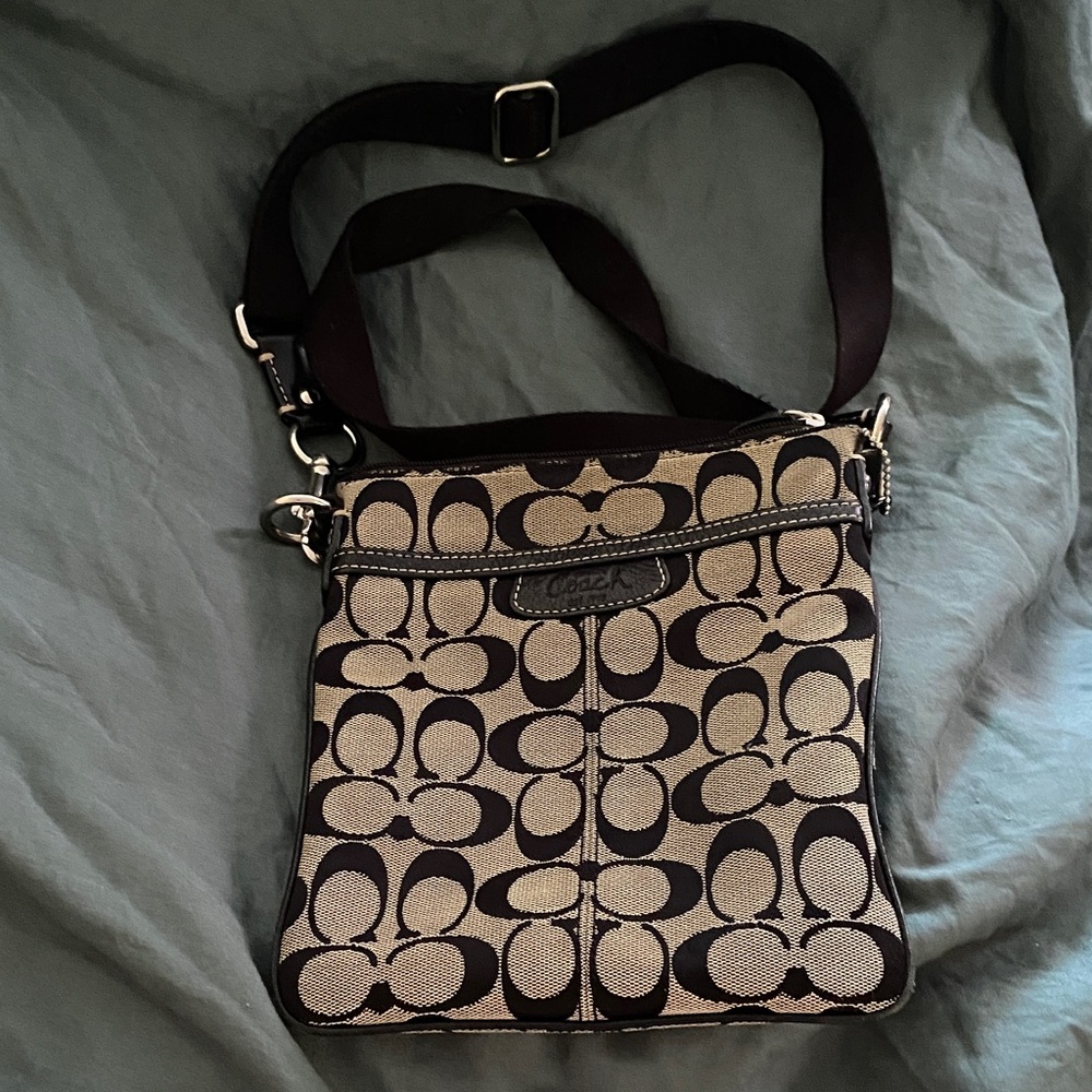 Coach Signature CC Slim North South Black Swing Pack Jacquard Crossbody Bag